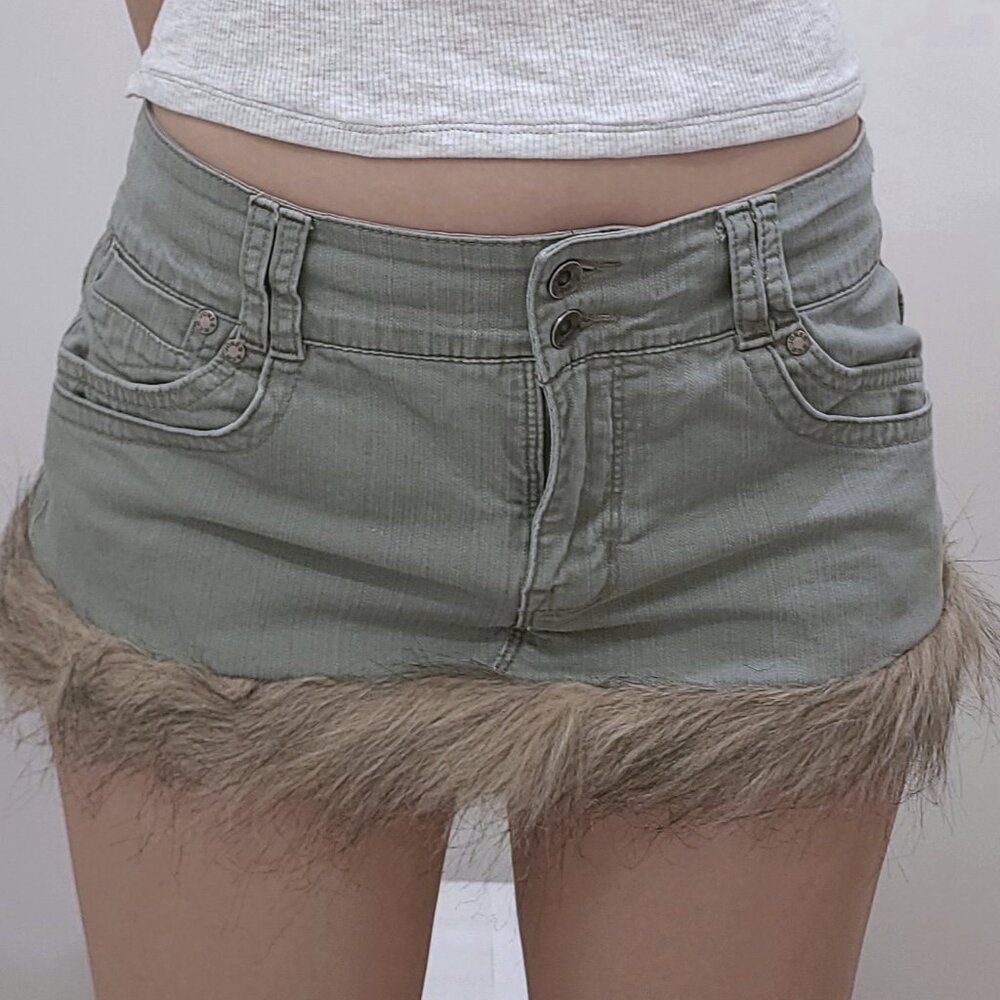 Reworked Faux Fur Green Micro Mini Skirt
